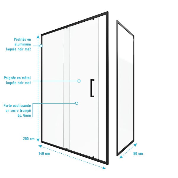 AURLANE - Porte de douche + Retour 140x80x200 cm - Verre 6 mm - Profilé Noir - CRUSH - large