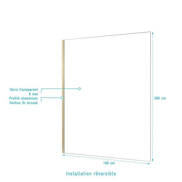 AURLANE - Paroi de douche à l'italienne 160x200 cm verre trempé 8 mm - Or Doré Brossé - FREEDOM 2 GOLD - large