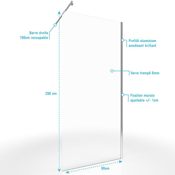 AURLANE - Paroi de douche a l'italienne - 90x200cm VERRE TRANSPARENT 6mm + Barre de fixation recoupable - large