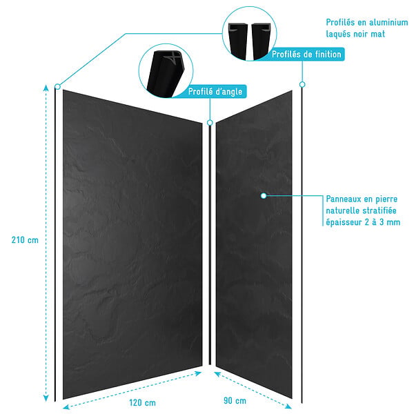 AURLANE - Pack de 2 Panneaux Muraux Pierre Ardoise 90+120x210 cm avec Profilés NOIR MAT - STONE'IT - large