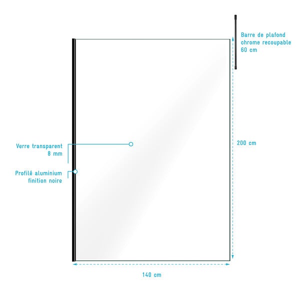 AURLANE - Paroi de Douche 140x200cm Verre Transparent - Profilé + Barre Plafond Noire - FREEDOM 2 BLACK - large