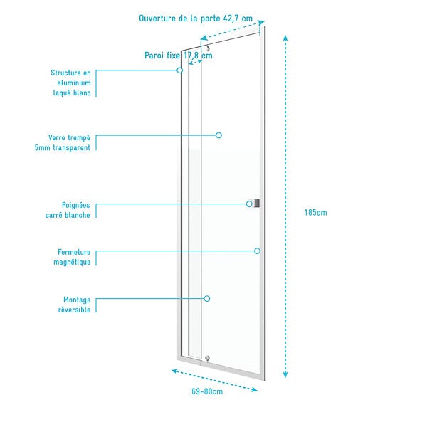 AURLANE - Porte de douche pivotante ajustable de 69 à 80cm en Alu. Blanc et verre transparent - WHITY PIVOT - large