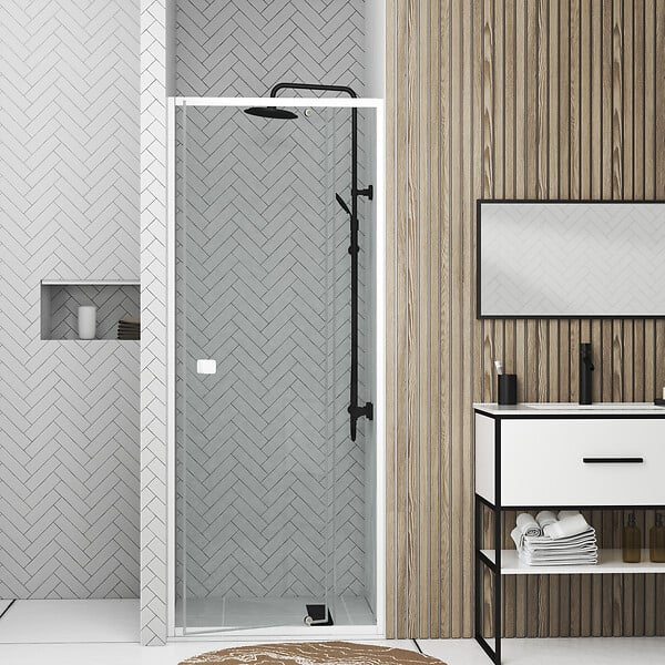 AURLANE - Porte de douche pivotante ajustable de 69 à 80cm en Alu. Blanc et verre transparent - WHITY PIVOT - large