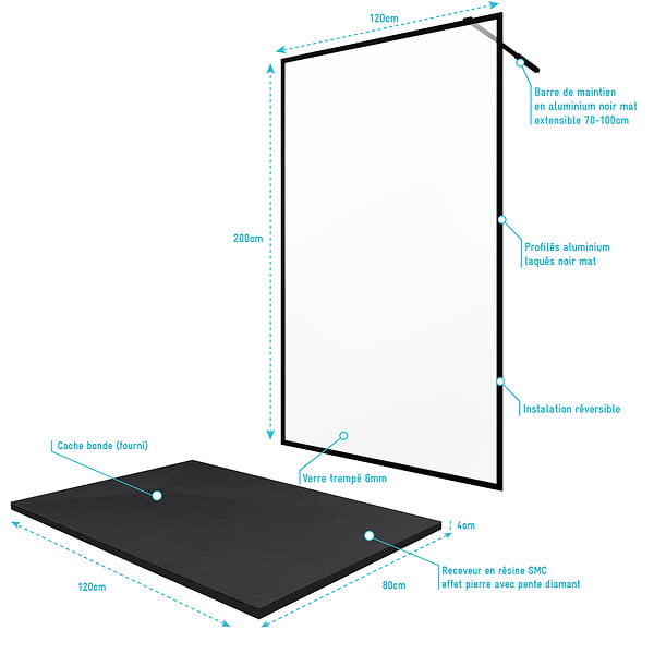 AURLANE - Paroi de douche 120x200cm + receveur a poser 120x80cm - cadre et barre noir mat - CONTOURING 120 - large