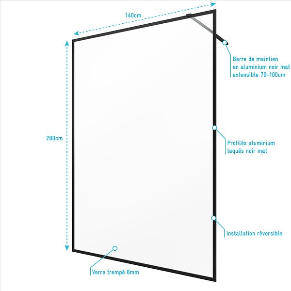 AURLANE - Paroi de Douche 140x200 cm - Cadre et Bras Aluminium NOIR MAT - DARK CONTOURING - large