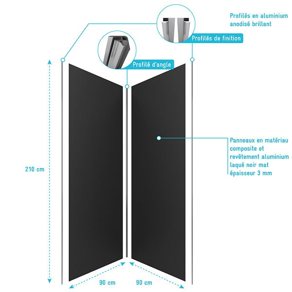 AURLANE - Pack de 2 Panneaux Muraux Aluminium NOIR 90+90x210 cm avec Profilés ANODISE BRILLANT - WALL'IT - large