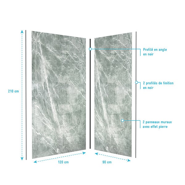 AURLANE - Pack de 2 Panneaux Muraux Pierre Artic Green 90+120x210 cm avec Profilés NOIR MAT - STONE'IT - large