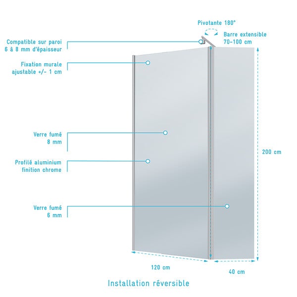 AURLANE - Paroi de Douche et Volet Pivotant 120+40x200cm - Verre Fumé + Barre Fixation Chrome - large