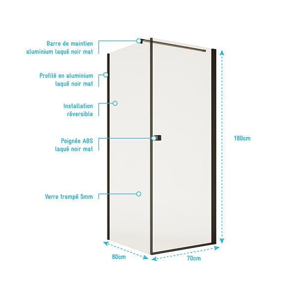 AURLANE - Porte de Douche Pivotante 70x180cm et Retour 80cm - Profil Noir - Verre 5mm - DARK ELEMENTARY - large