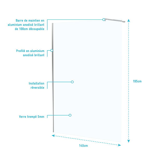 AURLANE - Paroi de Douche 140x195 cm en Verre Trempé 5 mm - Finition Chromé - CHROMED ELEMENTARY - large