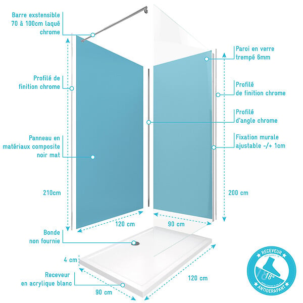 AURLANE - Pack Douche a l'Italienne 90x120 - Kit Panneaux Muraux Bleu/Chrome + Receveur + Paroi 6 mm - large