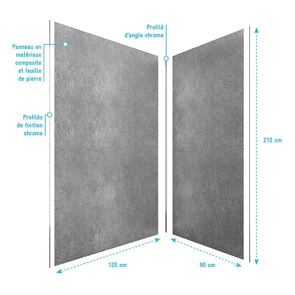 AURLANE - Pack de 2 Panneaux Muraux Pierre Silver Grey 90+120x210 cm avec Profilés ANODISE BRILLANT - STONE'IT - large