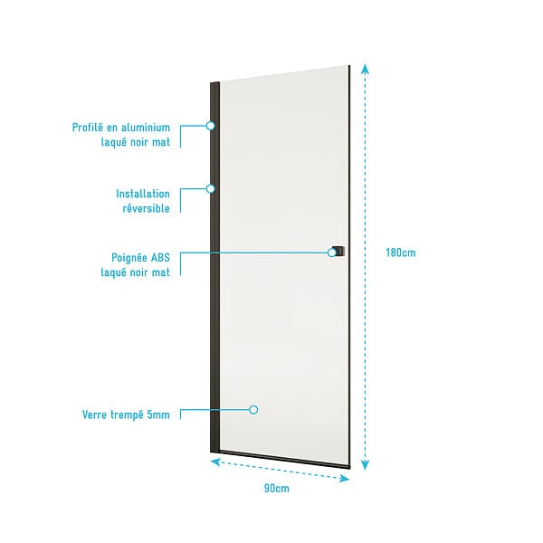 AURLANE - Porte de Douche pivotante 90x180 cm en Verre Trempe 5 mm - Finition Noire - DARK ELEMENTARY - large