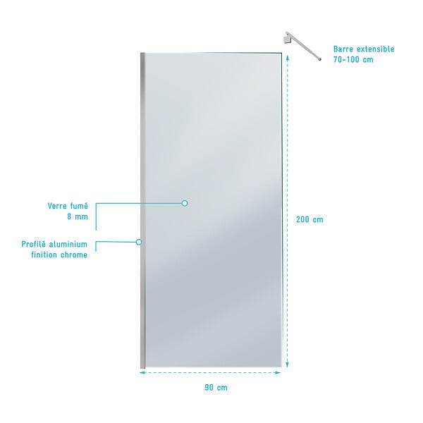 AURLANE - Paroi de Douche 90x200cm Verre Fumé 8mm - Barre de Fixation Extensible et Profil Chrome - large
