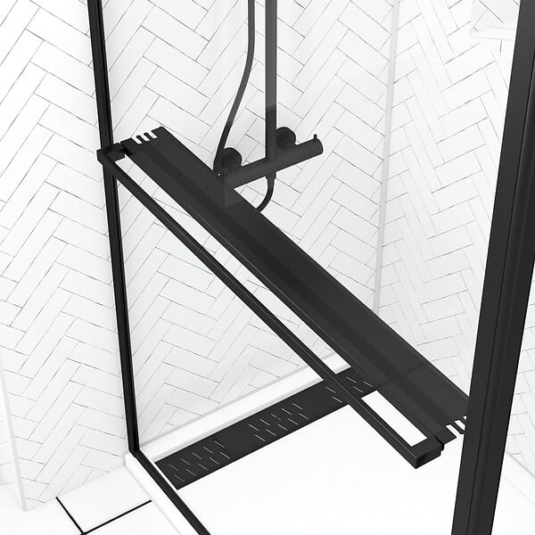 AURLANE - Paroi de Douche avec Volet Pivotant 120+40x200cm - Profilé, Porte-serviette et étagère NOIR MAT - large
