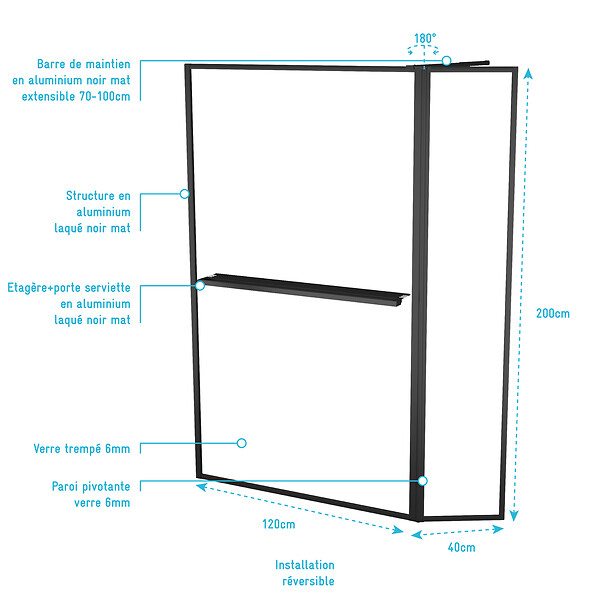 AURLANE - Paroi de Douche avec Volet Pivotant 120+40x200cm - Profilé, Porte-serviette et étagère NOIR MAT - large