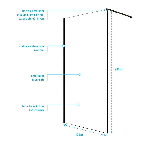 AURLANE - Paroi de Douche 100x200cm en Verre Trempé Transparent 8mm Anticalcaire - Profilé Noir Mat - LINA - large