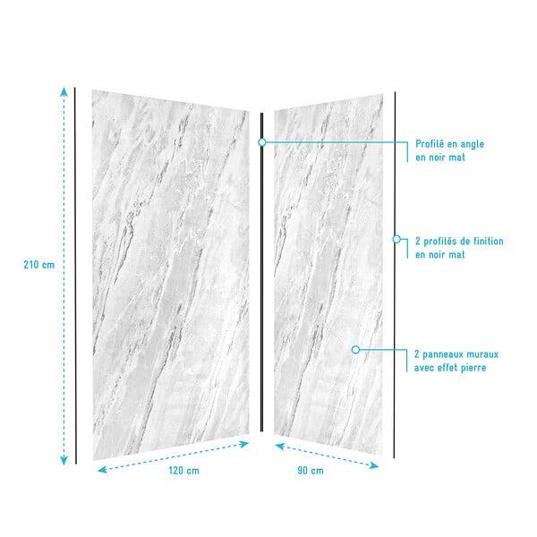 AURLANE - Pack de 2 Panneaux Muraux Pierre Artic Storm 90+120x210 cm avec Profilés NOIR MAT - STONE'IT - large