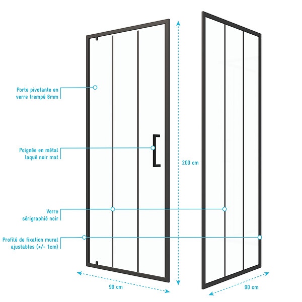 AURLANE - Porte de douche serigraphiee - 90x200cm + Paroi retour - 90x200 cm - PORTE PIVOTANTE - large
