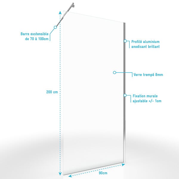 AURLANE - Paroi de Douche 90x200cm Verre Transparent - Barre de Fixation Extensible et Profil Chrome - large