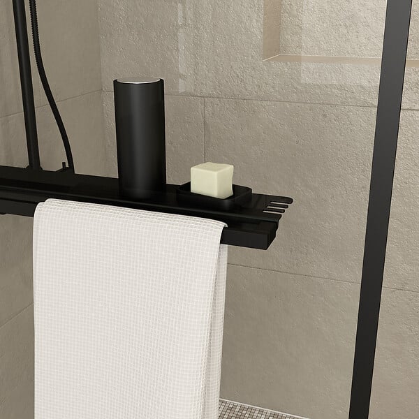 AURLANE - Paroi de Douche Noir Mat 100x200cm - Porte-serviette et étagère - DARK CONTOURING SHELF - large