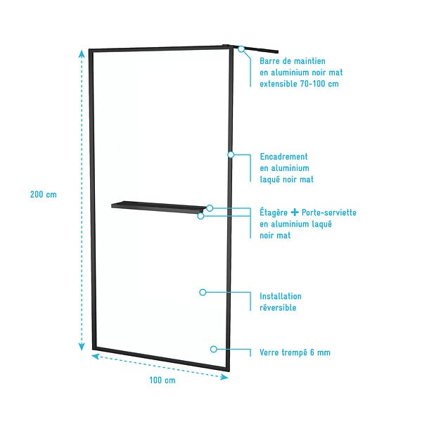 AURLANE - Paroi de Douche Noir Mat 100x200cm - Porte-serviette et étagère - DARK CONTOURING SHELF - large