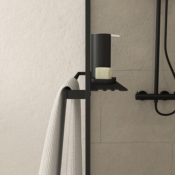AURLANE - Paroi de Douche Noir Mat 100x200cm - Porte-serviette et étagère - DARK CONTOURING SHELF - large