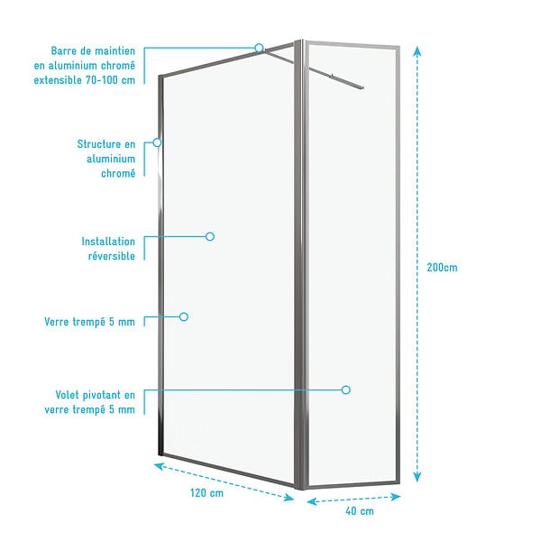 AURLANE - Paroi de Douche avec Volet Pivotant 120+40x200cm - Finition Chromée - CHROMED CONTOURING - large