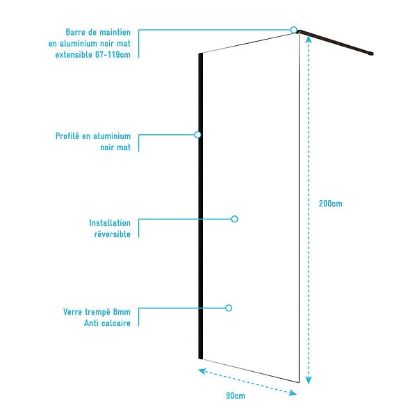 AURLANE - Paroi de Douche 90x200cm en Verre Trempé Transparent 8mm Anticalcaire - Profilé Noir Mat - LINA - large