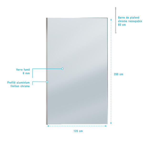 AURLANE - Paroi de Douche 120x200cm Verre Fumé - Profilé + Barre Plafond Finition Chrome - FREEDOM 2 SMOKED - large