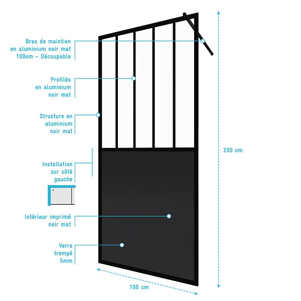 AURLANE - Paroi de douche a l'italienne - 100x200 cm VERRE TRANSPARENT 5mm + barre de maintien noir - large