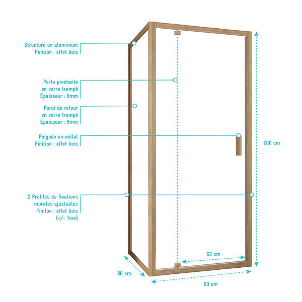 AURLANE - Porte de Douche Pivotante et Retour 90x90x200cm - Profilés Alu Effet Bois - Verre Trempé 6mm - large
