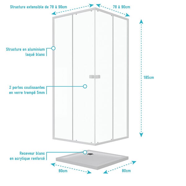 AURLANE - Pack porte de douche coulissante blanc de 78 à 90x185cm + receveur 80x80 - WHITY SLIDE - large