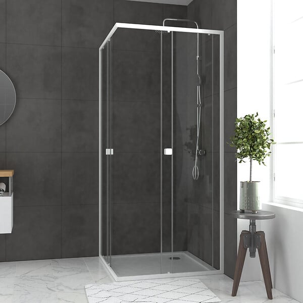 AURLANE - Pack porte de douche coulissante blanc de 78 à 90x185cm + receveur 80x80 - WHITY SLIDE - large