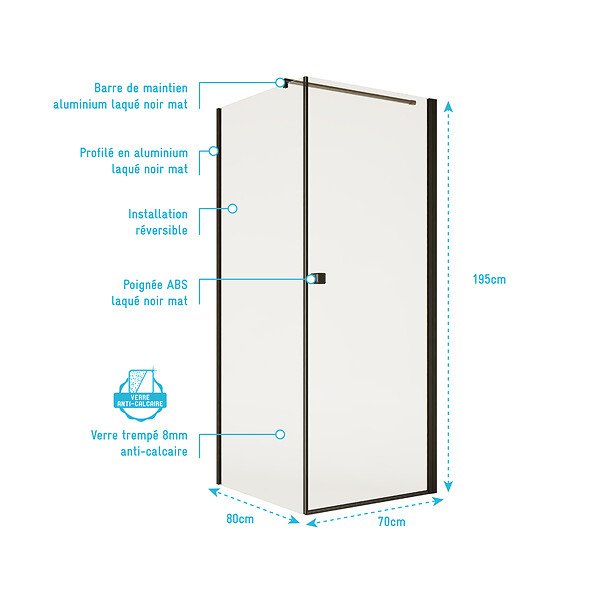 AURLANE - Porte de Douche Pivotante 70x195cm et Retour 80cm - Verre 8mm Anticalcaire - Profil Noir - large