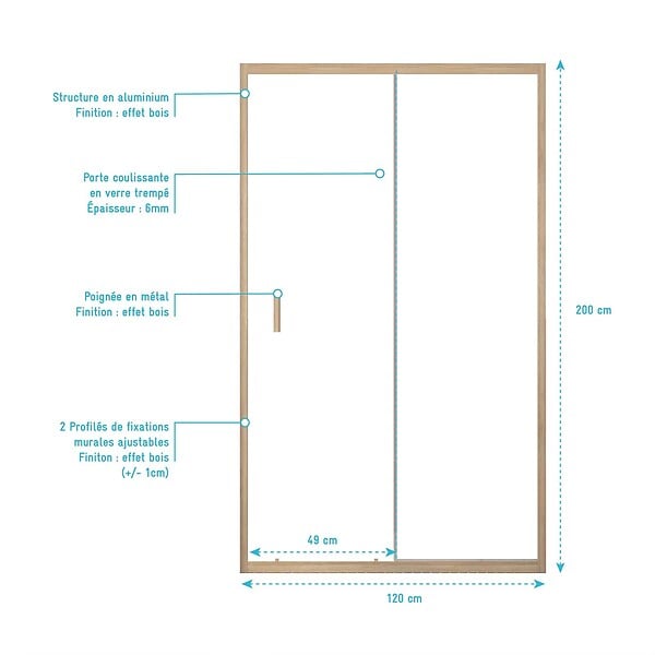AURLANE - Porte de douche Coulissante 120x200cm - Profilés Aluminium effet Bois - Verre 6mm - WOOD CRUSH - large