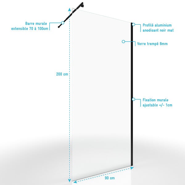 AURLANE - Paroi de Douche 90x200cm Verre Transparent - Barre de Fixation Extensible et Profil Noir - large