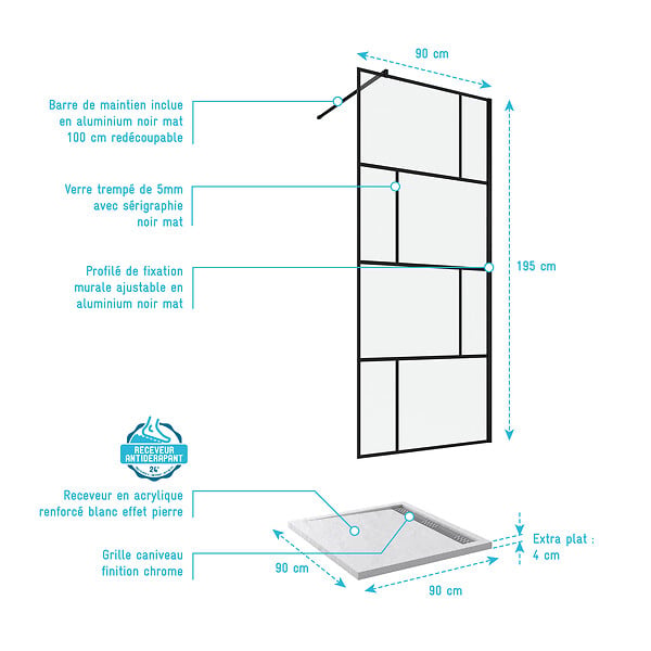AURLANE - Pack Paroi de douche 90x195 cm + RECEVEUR EN ACRYLIQUE BLANC EFFET PIERRE 90X90 - large