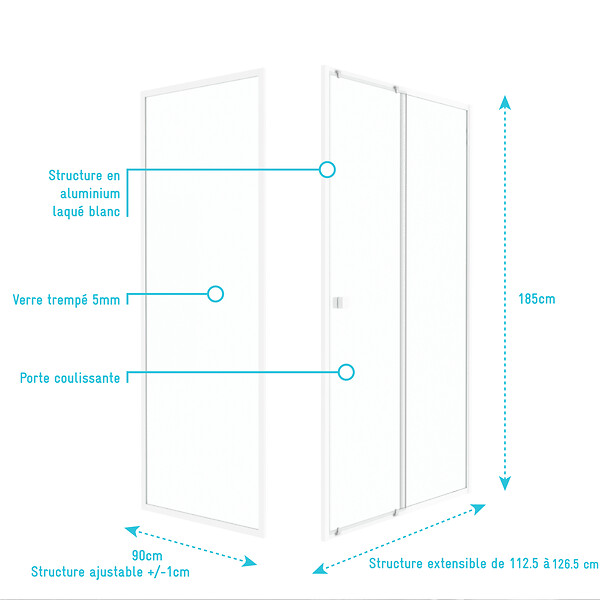 AURLANE - Pack porte de douche Coulissante blanc 120x185cm + retour 90 verre transparent 5mm - WHITY slide 120 - large