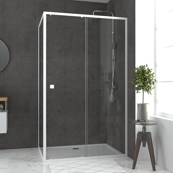 AURLANE - Pack porte de douche Coulissante blanc 120x185cm + retour 90 verre transparent 5mm - WHITY slide 120 - large