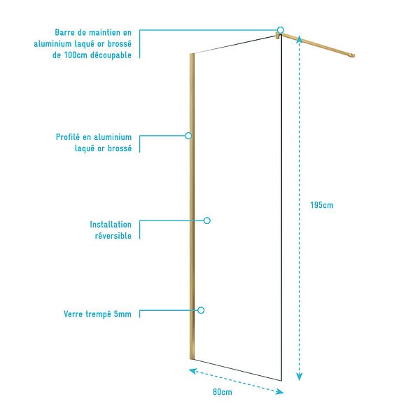 AURLANE - Paroi de Douche 80x195 cm en Verre Trempé 5 mm - Finition Or Brossé - GOLD ELEMENTARY - large