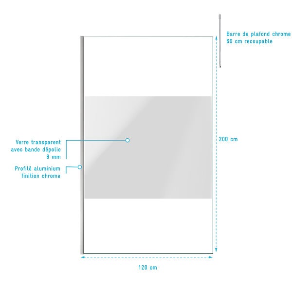 AURLANE - Paroi de Douche 120x200cm Dépolie - Profilé + Barre Plafond Finition Chrome - FREEDOM 2 FROSTED - large