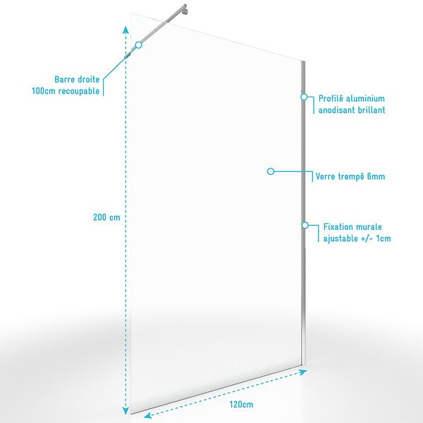 AURLANE - Paroi de douche a l'italienne - VERRE TRANSPARENT 6mm - paroi + Barre de fixation recoupable - large