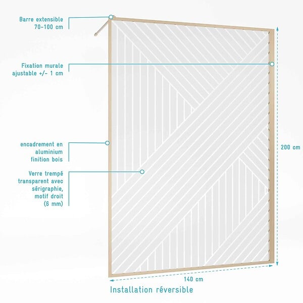AURLANE - Paroi de douche 140x200 HINATA - Style Japandi Geometrique - Cadre Effet Bois - Verre 6mm - large