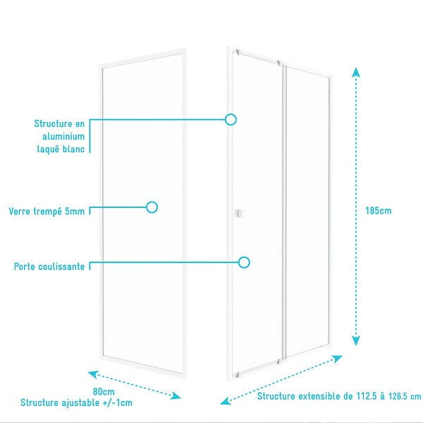 AURLANE - Pack porte de douche Coulissante blanc 120x185cm + retour 80 verre transparent 5mm - WHITY slide 120 - large