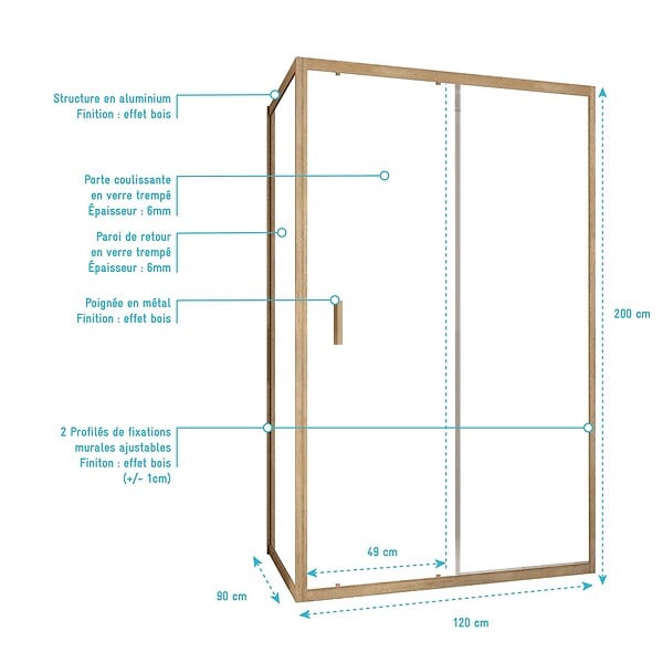 AURLANE - Porte de Douche Coulissante et Retour 120x90x200cm - Profilés Alu Effet Bois - Verre Trempé 6mm - large