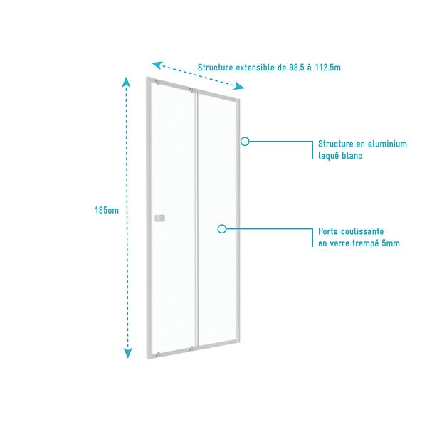 AURLANE - Porte de douche coulissante blanc 100x185cm - extensible - WHITY slide 100 - large