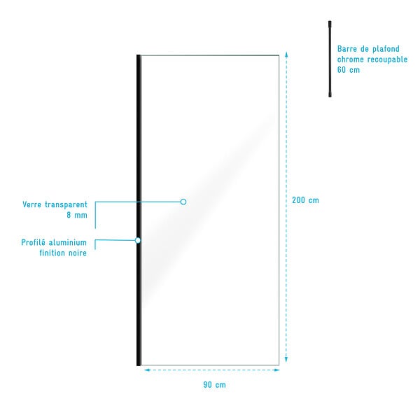 AURLANE - Paroi de Douche 90x200cm Verre Transparent - Profilé + Barre Plafond Noire - FREEDOM 2 BLACK - large