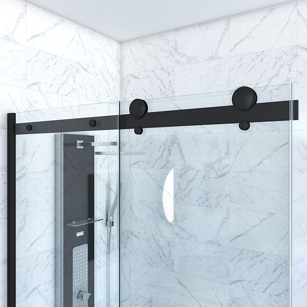 AURLANE - Porte de douche coulissante 120x200cm noir mat - rail soft close + RETOUR 80 - RAILROAD DARK - large