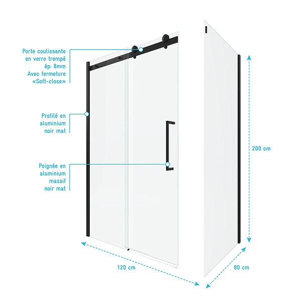 AURLANE - Porte de douche coulissante 120x200cm noir mat - rail soft close + RETOUR 80 - RAILROAD DARK - large
